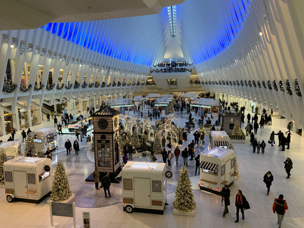 This is an image of the oculus Christmas market in New York City NYC.