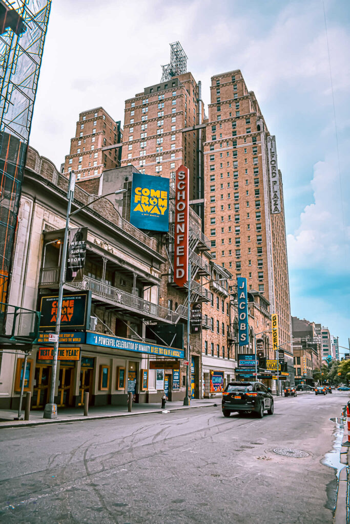 This is an image of West 44th Street and the Come From Away Broadway marquee in New York City. NYC