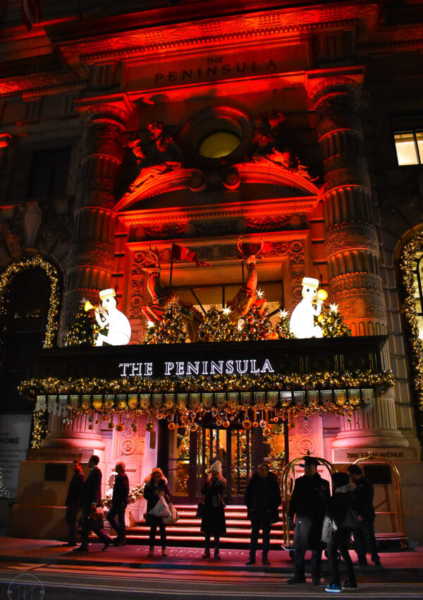This is an image of the Peninsula Hotel in New York City decorated for the holiday season.