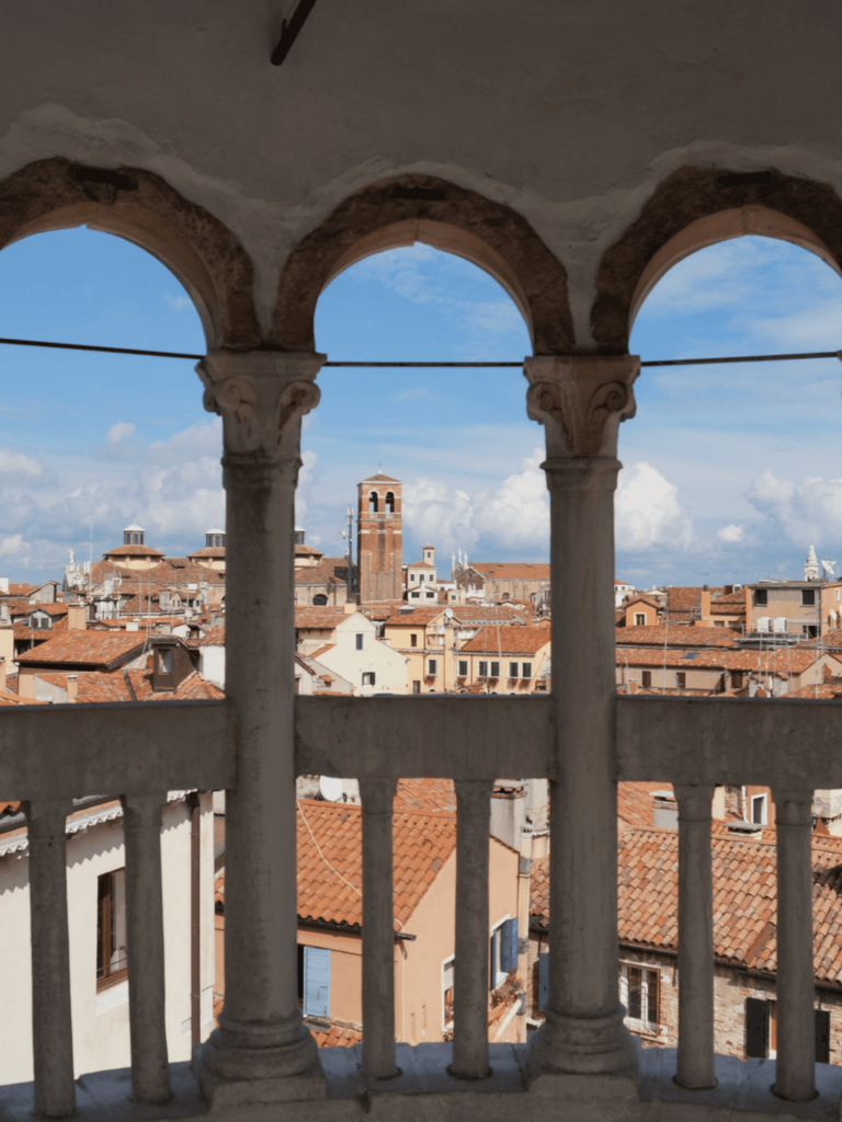 This is an image of the view from the top of the Scala Contarini del Bovolo in Venice, Italy.