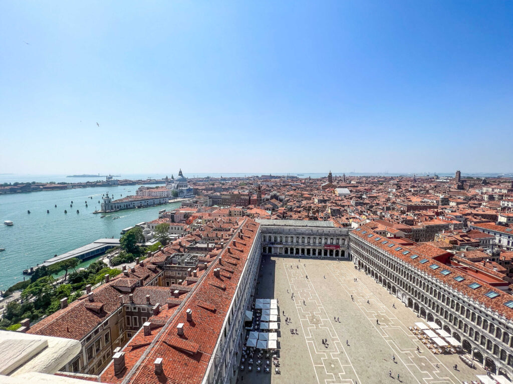 This is an image of Piazza San Marco, Punta della Dogana, and the rest of Venice Italy facing west from the top of the Bell Tower.