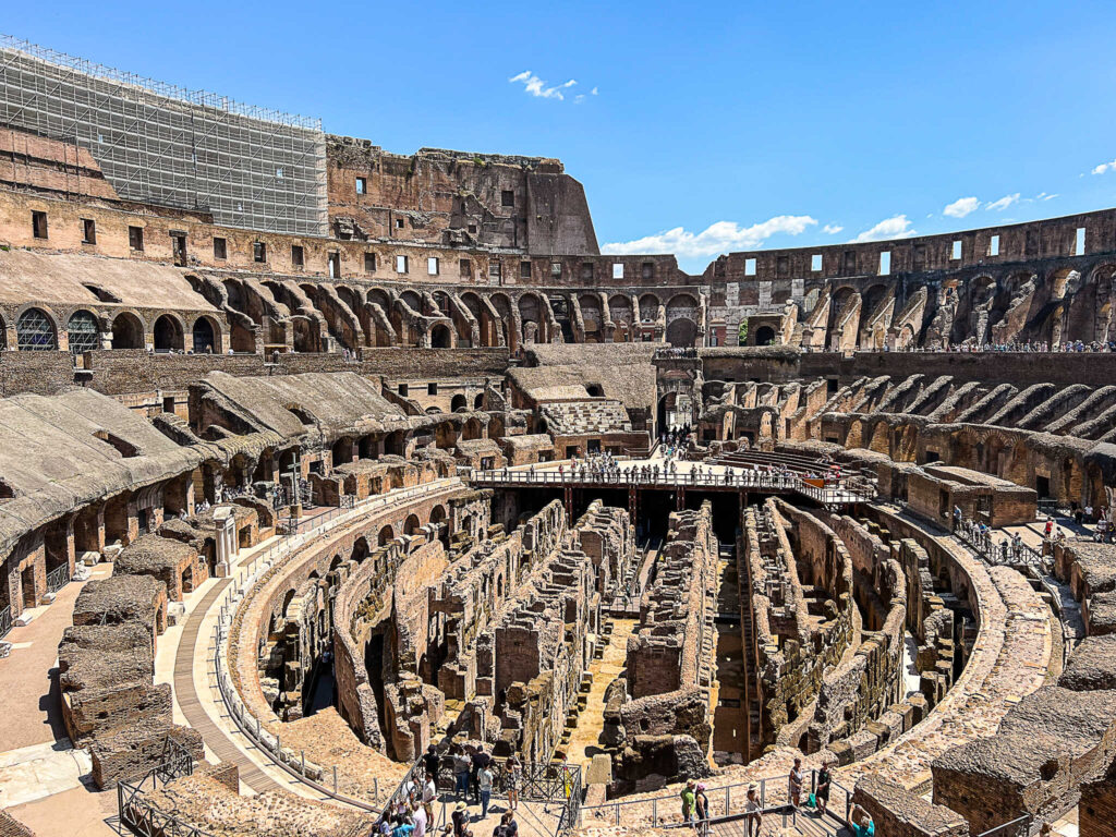 This is an image of the inside of the Colosseum from above in Rome, Italy