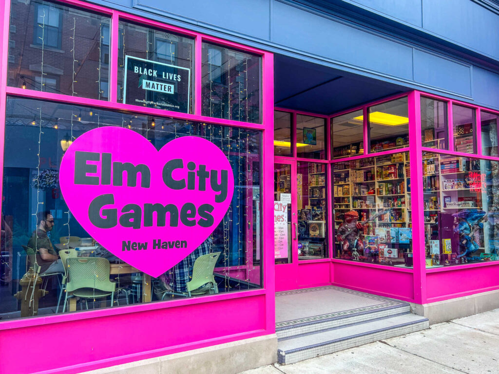 This is an image of the entrance to Elm city games in New Haven Connecticut.