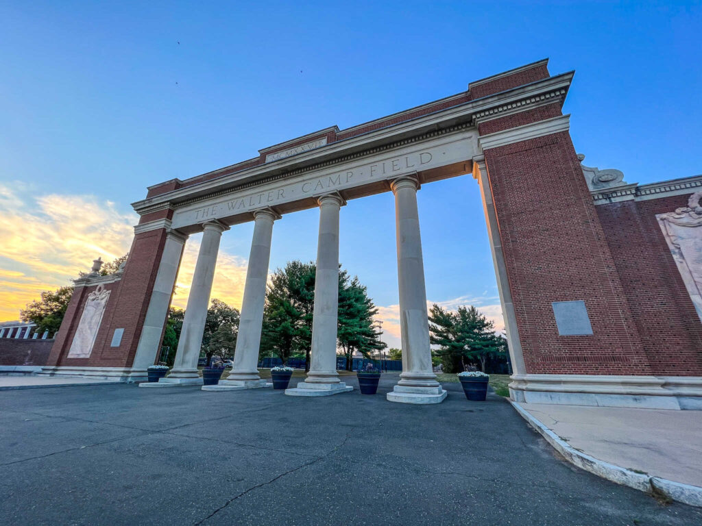 This is an image of the entrance to the Yale Bowl at Sunset in New Haven Connecticut.