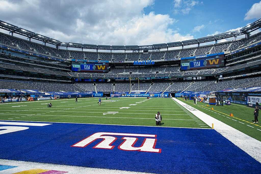 This is an image of the New York giants insignia on the football field at MetLife Stadium near New York City.