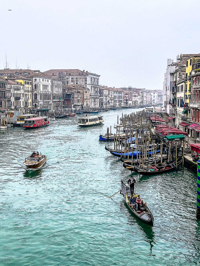 This is an image of the view from the Rialto Bridge in the winter in the fog in Venice, Italy.