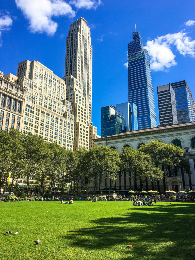 This is an image of Bryant Park during the summer in New York City NYC.
