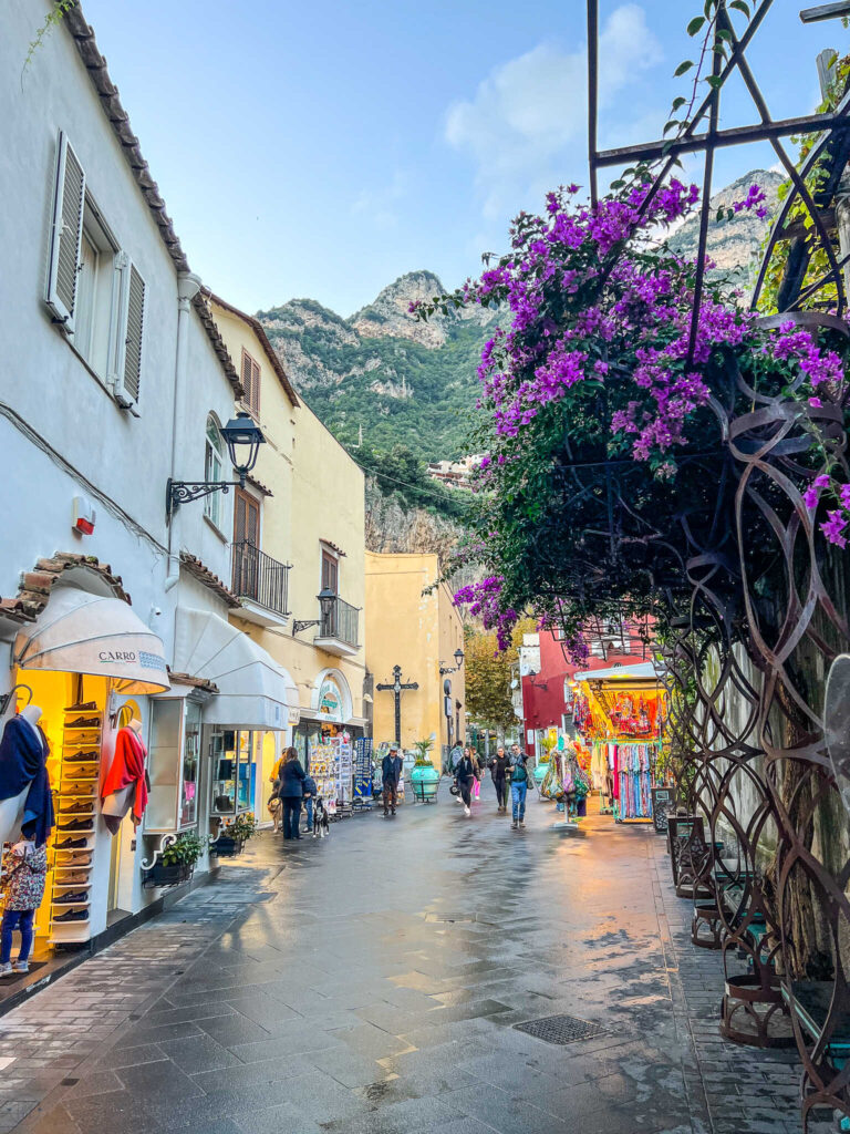 This is an image of a Street in Positano Italy at dusk