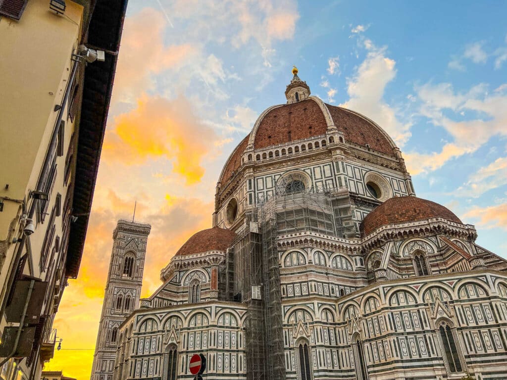 This is an image of the Duomo in Florence Italy at sunset.