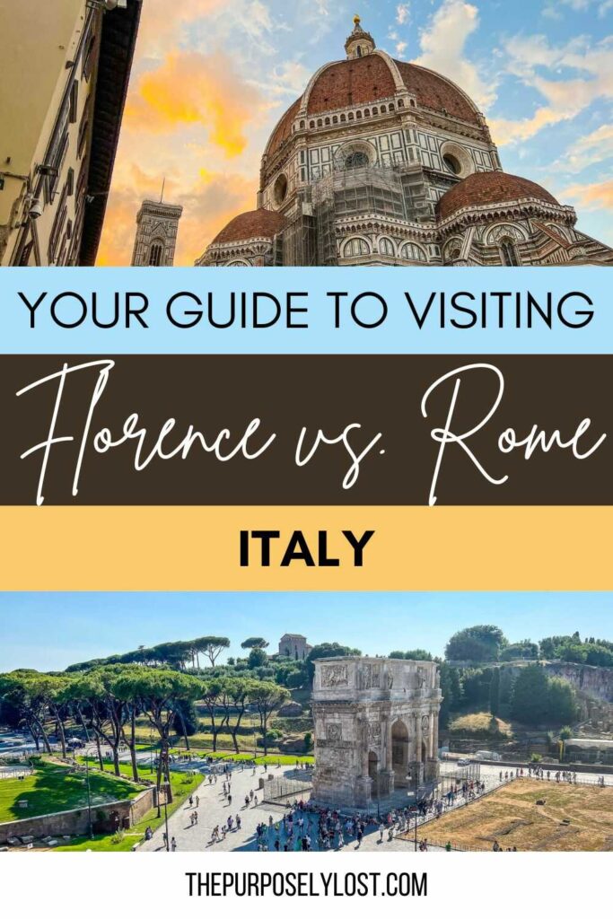 This is an image of two landmarks in Rome, Italy. The Text reads "Your Guide to Visiting Florence vs. Rome Italy."